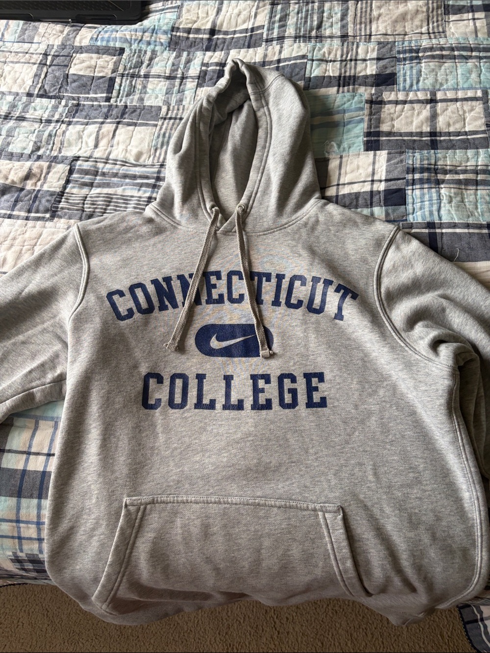 Nike Gray Connecticut College Pullover Hoodie with Navy Logo